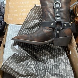 Free People Distressed Brown Leather Harness Ankle Boots